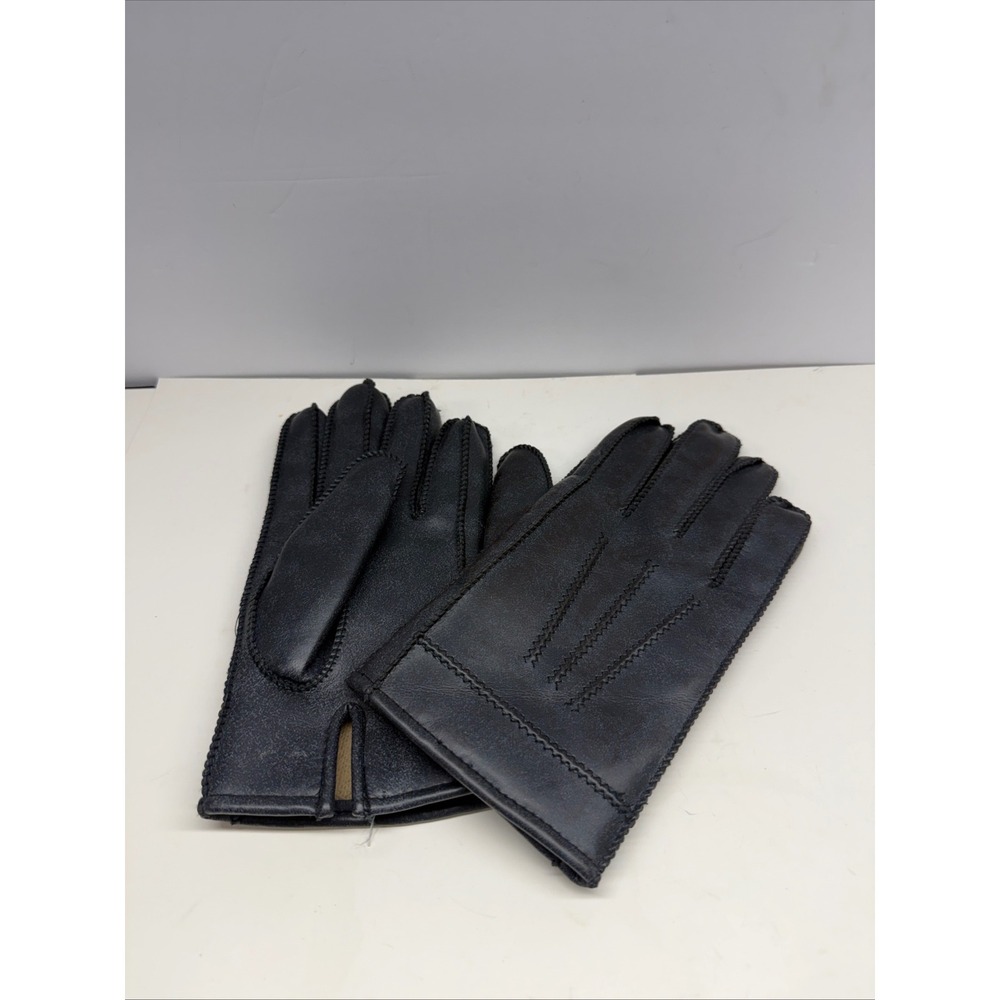 Vintage Black Faux Leather Vinyl Gloves Tan Acrylic Lined Size M RN 52469
